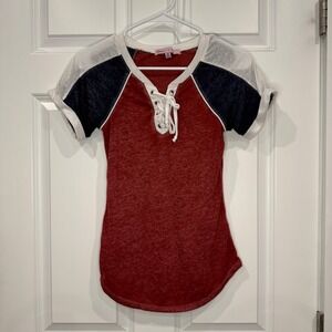 Brave Fame Womens Red White Blue Lace Up Colorblock Burnout Raglan Tee‎ Size XS